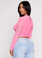 Womens Mesh Rhinestone Mock Neck Crop Top, Pink, Size M