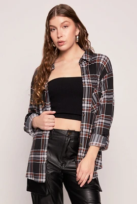 Womens Plaid Button Front Tabbed Sleeve Shirt, Multi, Size S