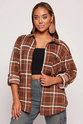 Womens Plaid Button Front Tabbed Sleeve Shirt, Brown, Size S