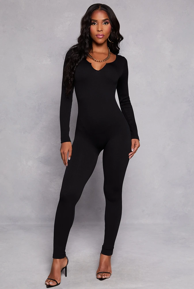 Womens Ribbed Knit Notch Neck Long Sleeve Catsuit, Black, Size M