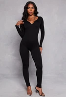 Womens Ribbed Knit Notch Neck Long Sleeve Catsuit, Black, Size M