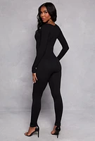 Womens Ribbed Knit Notch Neck Long Sleeve Catsuit, Black, Size M