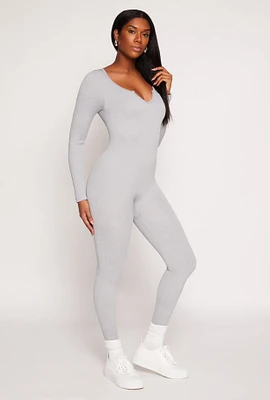 Womens Ribbed Knit Notch Neck Long Sleeve Catsuit, Grey,