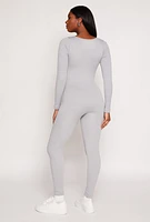 Womens Ribbed Knit Notch Neck Long Sleeve Catsuit, Grey, Size M
