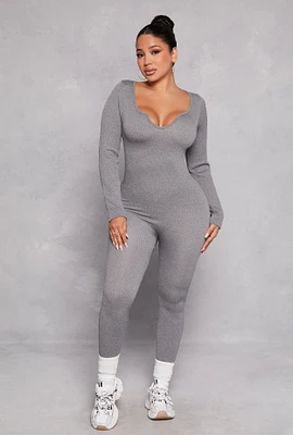 Womens Ribbed Knit Notch Neck Long Sleeve Catsuit, Grey,