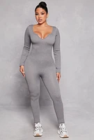 Womens Ribbed Knit Notch Neck Long Sleeve Catsuit, Grey,