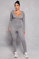 Womens Ribbed Knit Notch Neck Long Sleeve Catsuit, Grey,