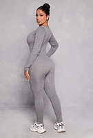 Womens Ribbed Knit Notch Neck Long Sleeve Catsuit, Grey,