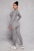 Womens Ribbed Knit Notch Neck Long Sleeve Catsuit, Grey,