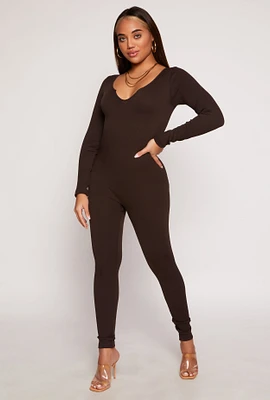 Womens Ribbed Knit Notch Neck Long Sleeve Catsuit, XL