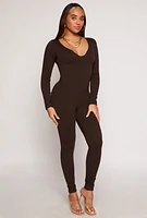 Womens Ribbed Knit Notch Neck Long Sleeve Catsuit,