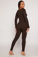 Womens Ribbed Knit Notch Neck Long Sleeve Catsuit,