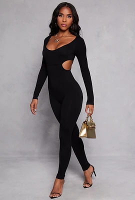 Womens Ribbed Knit Cut Out Side Catsuit,