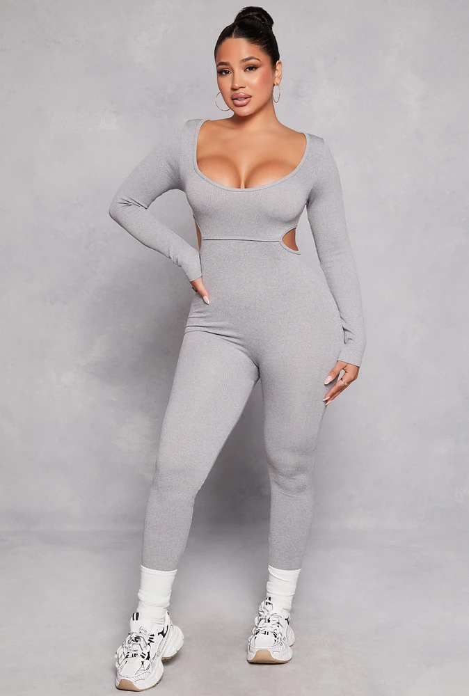 Womens Ribbed Knit Cut Out Side Catsuit, Grey, Size M
