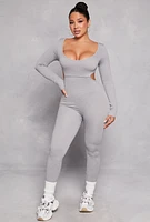 Womens Ribbed Knit Cut Out Side Catsuit, Grey, Size M