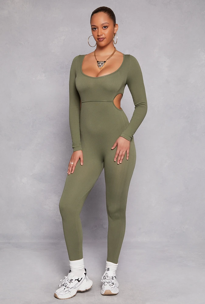 Womens Ribbed Knit Cut Out Side Catsuit, Green, Size XL