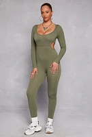 Womens Ribbed Knit Cut Out Side Catsuit, Green, Size XL