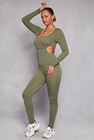 Womens Ribbed Knit Cut Out Side Catsuit, Green, Size XL