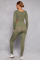 Womens Ribbed Knit Cut Out Side Catsuit, Green, Size XL