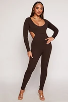 Womens Ribbed Knit Cut Out Side Catsuit, Brown, Size S