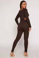 Womens Ribbed Knit Cut Out Side Catsuit, Brown, Size S