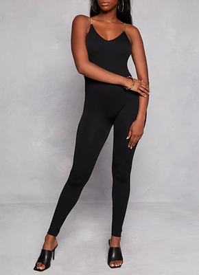 Womens Seamless Ribbed Chain Strap Cami Jumpsuit, Black, Size L