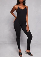 Womens Seamless Ribbed Chain Strap Cami Jumpsuit, Black, Size L