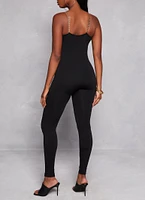 Womens Seamless Ribbed Chain Strap Cami Jumpsuit, Black, Size L