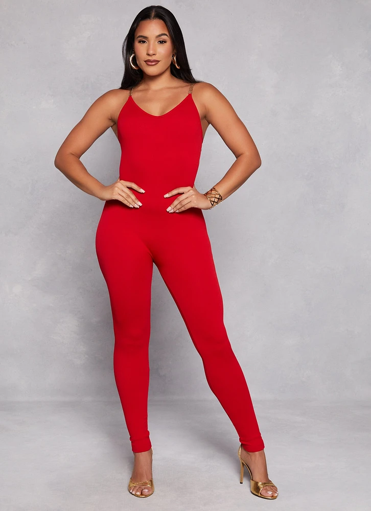 Womens Seamless Ribbed Chain Strap Cami Jumpsuit, Red, Size L