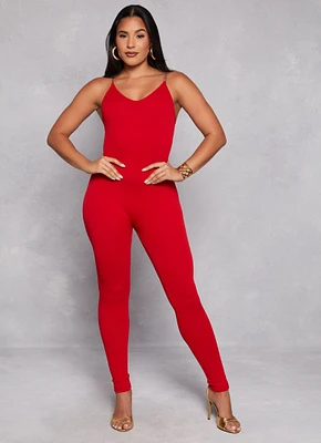 Womens Seamless Ribbed Chain Strap Cami Jumpsuit, Red, Size L