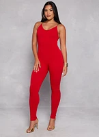 Womens Seamless Ribbed Chain Strap Cami Jumpsuit, Red, Size L