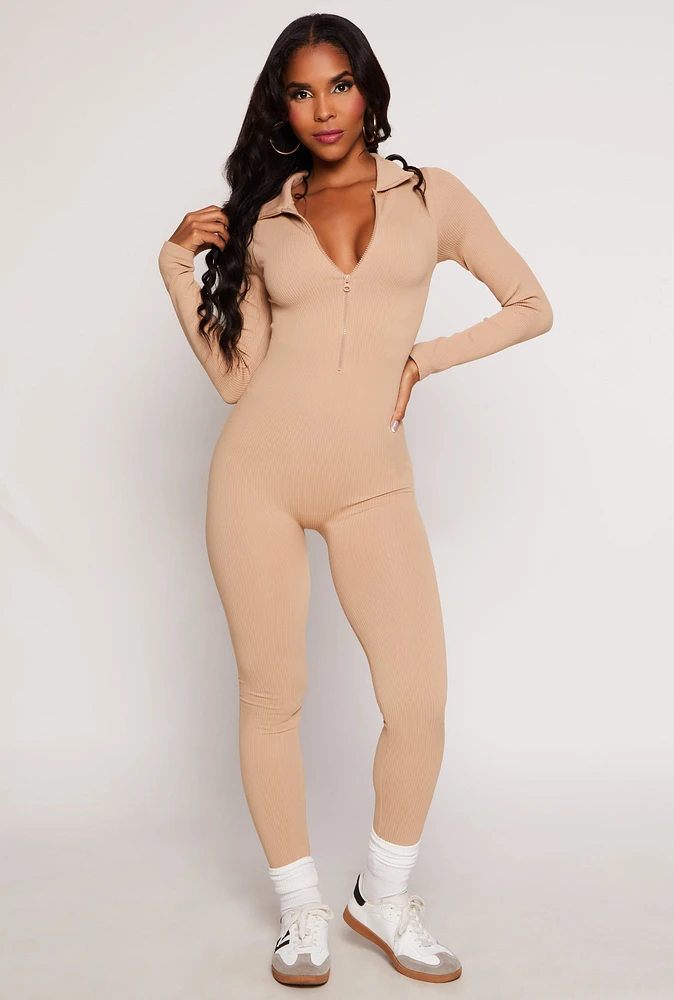 Womens Seamless Collared Half Zip Catsuit, Beige, Size L