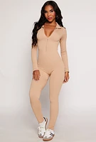 Womens Seamless Collared Half Zip Catsuit, Beige, Size L