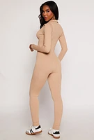 Womens Seamless Collared Half Zip Catsuit, Beige, Size L