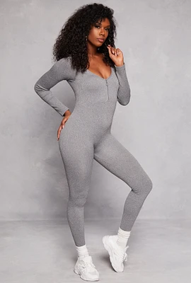 Womens Seamless Ribbed Zip Front Long Sleeve Jumpsuit, Grey, Size M