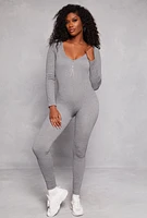 Womens Seamless Ribbed Zip Front Long Sleeve Jumpsuit, Grey, Size M
