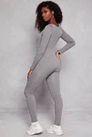 Womens Seamless Ribbed Zip Front Long Sleeve Jumpsuit, Grey, Size M