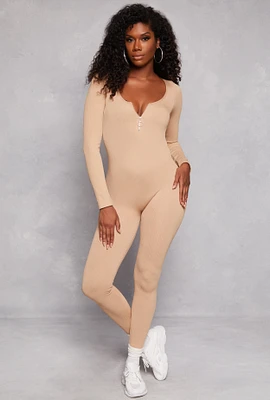 Womens Seamless Ribbed Zip Front Long Sleeve Jumpsuit, Beige, Size L