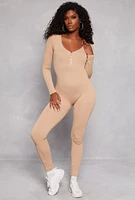 Womens Seamless Ribbed Zip Front Long Sleeve Jumpsuit, Beige, Size L