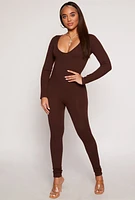 Womens Ribbed Knit Lace Up V Back Catsuit, Brown, Size S