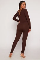 Womens Ribbed Knit Lace Up V Back Catsuit, Brown, Size S
