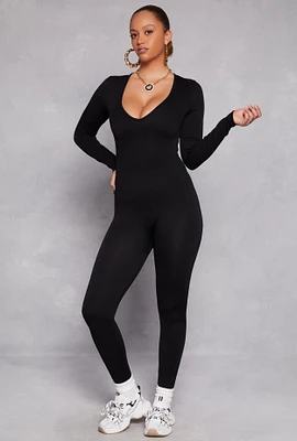 Womens Seamless Rib Knit Plunge Long Sleeve Catsuit,