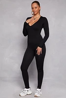 Womens Seamless Rib Knit Plunge Long Sleeve Catsuit,