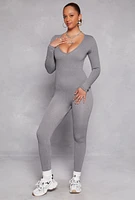 Womens Seamless Rib Knit Plunge Long Sleeve Catsuit, Grey, Size M