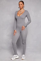 Womens Seamless Rib Knit Plunge Long Sleeve Catsuit, Grey, Size M