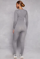 Womens Seamless Rib Knit Plunge Long Sleeve Catsuit, Grey, Size M