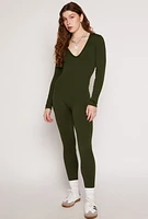 Womens Seamless Rib Knit Plunge Long Sleeve Catsuit,