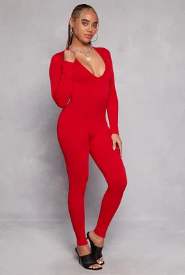 Womens Seamless Rib Knit Plunge Long Sleeve Catsuit, Red,