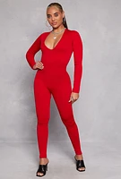 Womens Seamless Rib Knit Plunge Long Sleeve Catsuit, Red, Size L