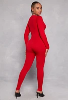 Womens Seamless Rib Knit Plunge Long Sleeve Catsuit, Red,